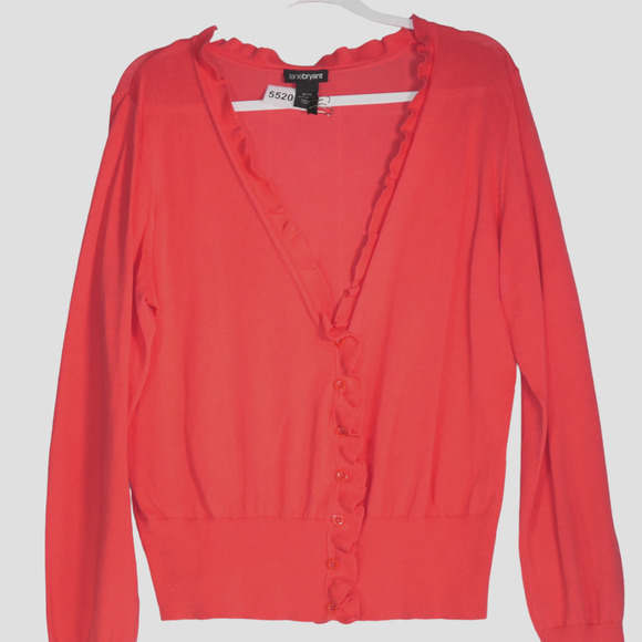 Lane Bryant Cardigan Sweater Womens Size 18 20 Peach Cotton Ruffle Button V Neck - Picture 2 of 6